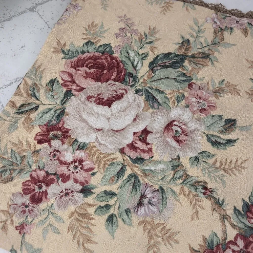 Beige Jacquard Floral Table Runner with Gold Lace Trim French Country Cottage